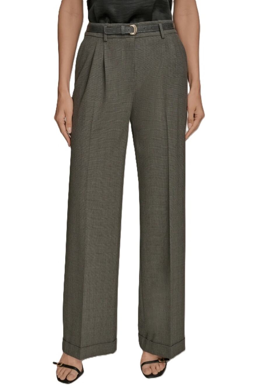 Donna Karan New York Women Grey Plaid Belted Classic Wide Leg Pants Size US 14